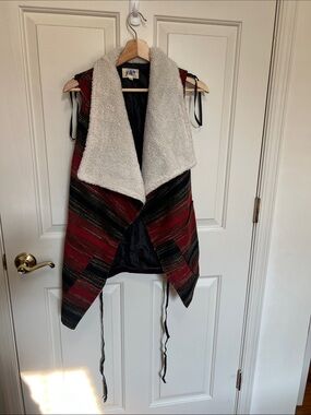 Jolt Red & Black Striped Sherpa-Lined Open Vest